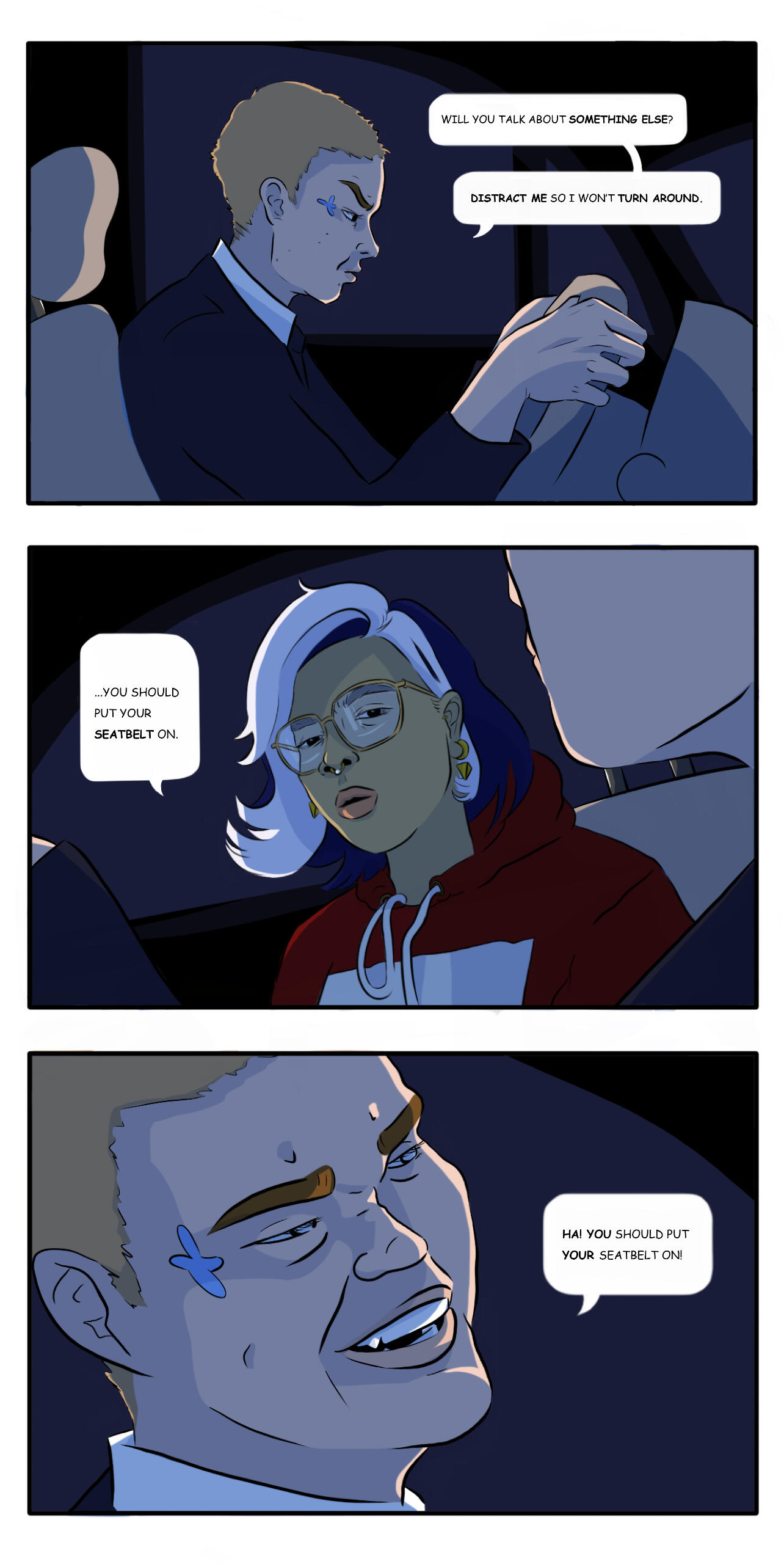 "seatbelt scene", 2021. digital comic.